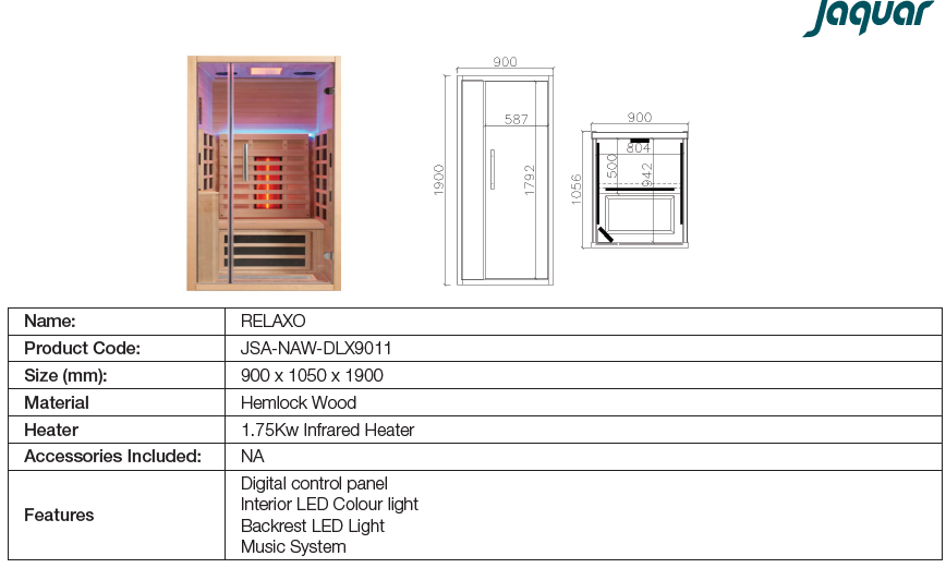 Jaquar Solo One Infrared Sauna dimensions